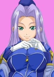 Rule 34 | 1girl, breast suppress, breasts, coat, gloves, green eyes, hat, kate lindberg, kiyoko3sai, large breasts, long hair, pink background, purple hair, simple background, smile, solo, uniform, white gloves, wild arms, wild arms 2