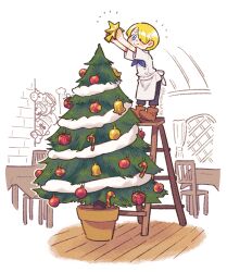 Rule 34 | 1boy, :&gt;, aged down, artist name, bell, black pants, blonde hair, blue eyes, boots, brown footwear, candy, candy cane, carne, chair, chef, christmas, christmas tree, christmas tree hair ornament, commentary, curly hair, curtains, food, gift, hair ornament, highres, holding, holding star, ladder, leaning forward, long bangs, mitsubachi koucha, necktie, on ladder, one piece, pants, patty (one piece), red-leg zeff, sanji (one piece), short hair, short sleeves, smile, star (symbol), table