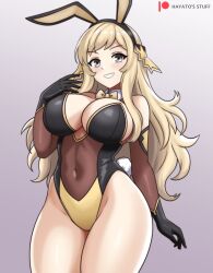 Rule 34 | 1girl, animal ears, bow, bowtie, breasts, bunny day, cleavage, covered navel, fire emblem, fire emblem fates, grey eyes, hayato stuff, highres, large breasts, leotard, long hair, nintendo, ophelia (fire emblem), playboy bunny, rabbit ears, sidelocks, smile, solo, strapless, strapless leotard, swept bangs
