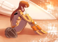 Rule 34 | 1980s (style), 1girl, beach, blurry, blurry background, blurry foreground, boots, brown hair, commentary, commentary request, dusk, hayase misa, helmet, jumpsuit, long hair, macross, macross: do you remember love?, mecha, mikimoto haruhiko (style), official style, oldschool, pilot suit, reflection, retro artstyle, robot, sad, sand, science fiction, sitting, thinking, u.n. spacy, variable fighter, vf-1, waeba yuusee, water, wreckage