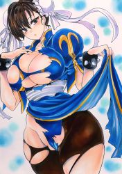 Rule 34 | 1girl, blue dress, blush, bracelet, breasts, brown hair, bun cover, capcom, china dress, chinese clothes, chun-li, cleavage, cowboy shot, double bun, dress, earrings, hair bun, highres, huge breasts, jewelry, marker (medium), pantyhose, pelvic curtain, puffy short sleeves, puffy sleeves, sash, short sleeves, solo, spiked bracelet, spikes, street fighter, torn clothes, torn pantyhose, traditional media, twobee