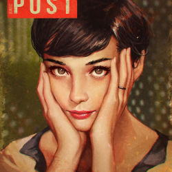 Rule 34 | 1960s (style), 1girl, artist name, audrey hepburn, brown hair, cover, eyebrows, eyelashes, fake cover, fingernails, green background, guweiz, hands on own cheeks, hands on own face, jewelry, light smile, lips, lipstick, looking at viewer, makeup, oldschool, pinup (portrait), portrait, real life, realistic, red lips, retro artstyle, ring, short hair, simple background, solo
