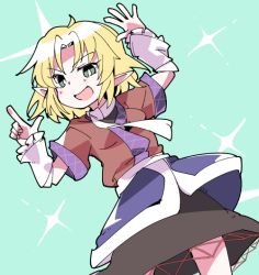 Rule 34 | 1girl, arm warmers, black shirt, black skirt, blonde hair, blue background, breasts, brown shirt, commentary request, cookie (touhou), feet out of frame, green eyes, ixy, joker (cookie), looking at viewer, mizuhashi parsee, open mouth, parted bangs, pointing, pointing up, pointy ears, sash, scarf, shirt, short hair, short sleeves, skirt, small breasts, smile, solo, touhou, undershirt, white sash, white scarf