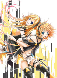 Rule 34 | 2girls, alternate costume, back-to-back, bare shoulders, black legwear, blonde hair, blue eyes, boots, cosplay, hair ornament, hairclip, headphones, kagamine rin, lily (vocaloid), lily (vocaloid) (cosplay), locked arms, long hair, momomochi, multiple girls, navel, open mouth, short hair, skirt, smile, thigh boots, thighhighs, very long hair, vocaloid