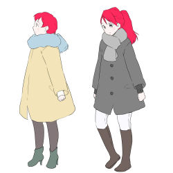Rule 34 | 2girls, ankle boots, boots, brown eyes, coat, fashion, kari (kakko k), knee boots, long hair, long sleeves, multiple girls, original, pants, pantyhose, ponytail, red hair, scarf, short hair, simple background, standing, white background, winter clothes, winter coat