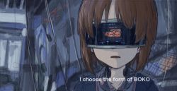 Rule 34 | 10s, 1girl, backwards text, blue jacket, cable, commentary, english text, facing viewer, fake screenshot, girls und panzer, head-mounted display, jacket, military, military uniform, monolith (suibou souko), nishizumi miho, open mouth, ready player one, short hair, sketch, solo, spoilers, st. gloriana&#039;s military uniform, standing, subtitled, throat microphone, uniform