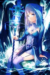 Rule 34 | 10s, 1girl, achiki, arm support, braid, breasts, cape, chain chronicle, cross, dress, garter straps, hair ornament, holding, ice, lantern, long hair, long sleeves, looking at viewer, purple eyes, purple hair, purple thighhighs, sitting, small breasts, snowflakes, soaking feet, solo, staff, thighhighs, water, zettai ryouiki