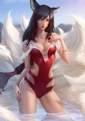 Rule 34 | 1girl, ahri (league of legends), animal ears, bangle, bare shoulders, black hair, blue sky, blush, bracelet, braid, breasts, cleavage, collarbone, contrapposto, day, facial mark, fox ears, fox tail, gold, jewelry, large breasts, league of legends, long hair, looking at viewer, multiple tails, nail polish, o-ring, one-piece swimsuit, outdoors, parted lips, raikoart, red lips, red nails, red one-piece swimsuit, sidelocks, signature, single braid, skindentation, sky, solo, swimsuit, tail, thighs, wading, whisker markings, yellow eyes