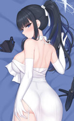 Rule 34 | 1girl, ass, backless dress, backless outfit, bare back, bare shoulders, black hair, blue archive, blue eyes, breasts, choker, commentary, cowboy shot, dress, elbow gloves, garter straps, gloves, highres, kurisu-kun, large breasts, long hair, looking at viewer, ponytail, saori (blue archive), solo, strapless, strapless dress, white choker, white dress, white gloves