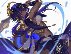 Rule 34 | 1girl, artist name, back, black hairband, breasts, candace (genshin impact), closed mouth, dark-skinned female, dark skin, eye of horus, genshin impact, hairband, heterochromia, highres, holding, holding polearm, holding shield, holding weapon, jewelry, lips, looking at viewer, neck ring, nose, polearm, shield, short hair with long locks, solo, stomach, weapon, yu1xakii