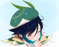 Rule 34 | 1boy, abbystea, androgynous, aqua background, aqua eyes, aqua hair, black hair, blush, braid, closed eyes, collared cape, commentary, from side, genshin impact, gradient background, gradient hair, green eyes, green hat, hat, heart, holding, holding hair, leaf, multicolored hair, parted bangs, portrait, short hair with long locks, solo, symbol-only commentary, twin braids, two-tone hair, venti (genshin impact), white background