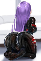 Rule 34 | 1girl, arms behind back, asagami fujino, ass, bdsm, belt, blurry, blurry background, bondage, bondage outfit, bound, bound arms, cameltoe, cleft of venus, floral print, flower, from behind, highres, huge ass, kara no kyoukai, kneeling, latex, long hair, nekoda (maoda), on floor, purple hair, shiny clothes, soles, spider lily, spider lily print, tongue, tongue out