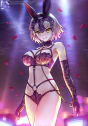 Rule 34 | 1girl, animal ears, artist logo, blush, breasts, elbow gloves, email address, fate/grand order, fate (series), gloves, grey hair, harness, headpiece, highres, jeanne d&#039;arc (fate), jeanne d&#039;arc alter (avenger) (fate), jeanne d&#039;arc alter (fate), large breasts, leash, lingerie, looking at another, petals, rabbit ears, shadowgrave, short hair, slit pupils, smile, solo, standing, sweat, underwear, unmoving pattern, watermark, web address, weibo watermark, yellow eyes
