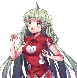Rule 34 | 1girl, :d, bad id, bad pixiv id, buttons, cloud print, collared shirt, dark jewel (gem oblivion), eyes visible through hair, fang, green eyes, green hair, highres, horns, kariyushi shirt, komano aunn, long hair, looking at viewer, open mouth, paw pose, red shirt, shirt, short sleeves, simple background, single horn, smile, solo, touhou, upper body, very long hair, white background
