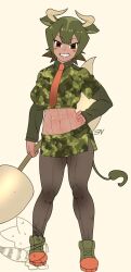 Rule 34 | 1girl, abs, animal ears, aurochs (kemono friends), blush stickers, breasts, brown eyes, brown pantyhose, camouflage, camouflage shirt, camouflage skirt, commentary request, cow ears, cow girl, crop top, dark-skinned female, dark skin, empty eyes, full body, green footwear, green hair, green shirt, green skirt, grin, groin, hand on own hip, highres, holding, holding polearm, holding weapon, horn lance, horns, kemono friends, large breasts, layered sleeves, long sleeves, looking at viewer, lucky beast (kemono friends), midriff, miniskirt, multicolored hair, muscular, muscular female, navel, necktie, pantyhose, partial commentary, polearm, shirt, shoes, short hair, short sleeves, side slit, sidelocks, signature, simple background, skirt, smile, solo focus, standing, striped tail, sweat, tail, teeth, third n, weapon, white background
