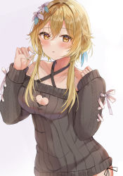 Rule 34 | 1girl, blonde hair, breasts, brown sweater, cleavage cutout, clothing cutout, collarbone, feather hair ornament, feathers, flower, genshin impact, hair between eyes, hair flower, hair ornament, hand in own hair, hands up, heart cutout, highres, looking at viewer, lumine (genshin impact), maruro, medium breasts, off-shoulder sweater, off shoulder, open mouth, short hair with long locks, solo, sweater, upper body, white background, yellow eyes