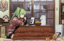 Rule 34 | 1girl, bad id, bad pixiv id, cat, domo1220, eating, food, fruit, green eyes, green hair, hatsune miku, heater, holding, holding food, holding fruit, kotatsu, long hair, looking at viewer, mandarin orange, matching hair/eyes, profile, sitting, solo, sweater, table, television, twintails, two side up, very long hair, vocaloid, water boiler, yamaaaa