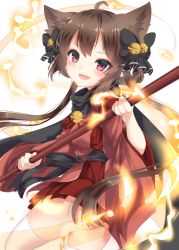 Rule 34 | 1girl, :d, absurdres, ahoge, amane tari, animal ears, bell, black bow, blush, bow, brown hair, cat ears, eyebrows, hair between eyes, hair bow, highres, holding, holding staff, irori-san, japanese clothes, open mouth, original, pink eyes, polearm, red skirt, sash, scarf, simple background, skirt, smile, solo, staff, thighhighs, thighs, weapon, white thighhighs