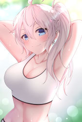 Rule 34 | 1girl, ahoge, armpits, arms behind head, arms up, bare arms, bare shoulders, blue eyes, breasts, cleavage, closed mouth, collarbone, crop top, hair between eyes, highres, large breasts, long hair, looking at viewer, midriff, navel, original, oywj, shirt, side ponytail, sidelocks, sleeveless, sleeveless shirt, smile, solo, stomach, sweat, tank top, upper body, white hair, white shirt