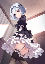 Rule 34 | &gt;:(, 1girl, bison cangshu, black bow, black dress, black thighhighs, blue eyes, blue hair, blush, bow, closed mouth, dress, feet out of frame, frilled dress, frilled thighhighs, frills, from below, garter straps, hair bow, highres, indoors, juliet sleeves, layered dress, long sleeves, looking at viewer, looking down, puffy sleeves, ryuuou no oshigoto!, solo, sora ginko, standing, thighhighs, two-tone background, v-shaped eyebrows