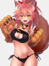 Rule 34 | 10s, 1girl, animal ears, animal hands, bad id, bad pixiv id, bell, black bra, black panties, blush, bra, breasts, cat cutout, cat ear panties, cat lingerie, choker, cleavage, cleavage cutout, clothing cutout, collar, collarbone, fang, fate/extra, fate/grand order, fate (series), fox ears, fox tail, hair ribbon, highres, jingle bell, large breasts, long hair, looking at viewer, meme attire, navel, neck bell, open mouth, panties, pink hair, ribbon, side-tie panties, simple background, solo, tail, tamamo (fate), tamamo cat (fate), tamamo no mae (fate/extra), underwear, underwear only, white background, yellow eyes, yukihama