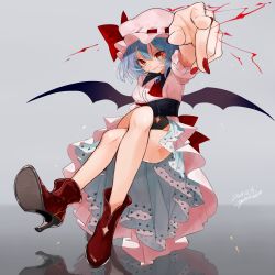 Rule 34 | 1girl, artist name, ascot, ass, bad id, bad twitter id, bare legs, bat wings, blue hair, bow, breasts, brooch, crossed legs, dated, dress, foreshortening, gotou (nekocat), grey background, hat, hat bow, high heels, highres, jewelry, looking at viewer, nail polish, petticoat, pink dress, pointing, pointing at viewer, puffy short sleeves, puffy sleeves, red ascot, red bow, red eyes, red footwear, red nails, reflection, remilia scarlet, short hair, short sleeves, signature, sitting, small breasts, smile, solo, thighs, touhou, wings