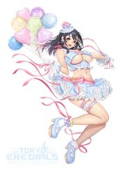 Rule 34 | 1girl, balloon, bare shoulders, black hair, breasts, commentary request, detached collar, earrings, gloves, grey eyes, jewelry, large breasts, logo, long hair, looking at viewer, masami chie, midriff, official art, platform footwear, shoes, simple background, skirt, smile, solo, thigh strap, tokyo exe girls, white background