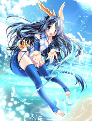Rule 34 | 1girl, :d, adapted costume, barefoot, blue eyes, blue hair, blue thighhighs, cloud, day, dragon girl, fins, happy, head fins, horns, karin (p&amp;d), long hair, matching hair/eyes, monster girl, nail polish, ocean, open hands, open mouth, puzzle &amp; dragons, sakurano ru, sky, smile, solo, source request, tail, thighhighs, toeless legwear, toenail polish, toenails, toes, water