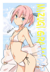 Rule 34 | 1girl, alternate breast size, bikini, blue eyes, breasts, commentary request, cowboy shot, kantai collection, looking at viewer, pink hair, ponytail, r-king, robe, romaji text, shiranui (kancolle), short hair, side-tie bikini bottom, small breasts, solo, standing, swimsuit, twitter username, white bikini, white robe
