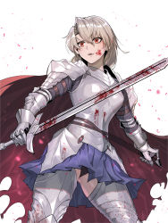 Rule 34 | 1girl, absurdres, armor, armored dress, blood, blood on face, cloak, fangs, female knight, grey hair, hair between eyes, highres, holding, holding sword, holding weapon, jinlin, knight, original, red eyes, short hair, simple background, solo, standing, sword, thighs, vampire, weapon, white background