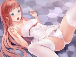 Rule 34 | 1girl, bare shoulders, blue eyes, blush, breasts, camisole, game cg, garter straps, legs, long hair, looking down, lying, mugen yuuki, nek, on back, open mouth, panties, pink hair, small breasts, solo, spread legs, thighhighs, thighs, underwear, white panties, white thighhighs