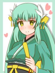 Rule 34 | 1girl, absurdres, blush, border, breasts, closed mouth, commentary request, dragon horns, drop shadow, fate/grand order, fate (series), green border, green hair, green kimono, hair between eyes, heart, highres, holding, horns, japanese clothes, kimono, kiyohime (fate), long hair, long sleeves, looking at viewer, obi, sash, simple background, small breasts, smile, solo, upper body, very long hair, white background, wide sleeves, yellow eyes, yuya090602