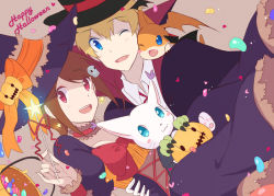 Rule 34 | 1boy, 1girl, bad id, bad pixiv id, blonde hair, blue eyes, brown hair, commentary request, creature, creature on shoulder, digimon, digimon (creature), digimon adventure tri., hair ornament, hairclip, halloween, hat, jack-o&#039;-lantern, looking at viewer, maydream, on shoulder, open mouth, patamon, pumpkin, short hair, simple background, smile, tailmon, takaishi takeru, witch hat, yagami hikari