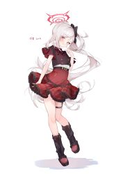 Rule 34 | 1girl, absurdres, black footwear, black shirt, blue archive, blush, boots, closed mouth, eme (emeralda), frilled skirt, frills, grey hair, halo, highres, long hair, looking at viewer, mutsuki (blue archive), red eyes, red halo, red skirt, shirt, short sleeves, side ponytail, simple background, skirt, smile, solo, white background