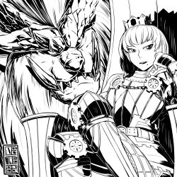 Rule 34 | 1girl, absurdres, armor, capcom, cete (controllingtime), crown, greyscale, highres, looking at viewer, mole, mole under mouth, monochrome, monster hunter, monster hunter: world, monster hunter (series), seiza, sitting, solo, teostra, teostra (armor)