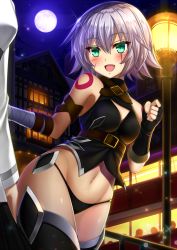 Rule 34 | 2girls, :d, armpits, backlighting, bare shoulders, black gloves, black panties, black thighhighs, black vest, blush, breasts, buckle, building, cleavage, cleavage cutout, clothing cutout, colored eyelashes, cowboy shot, elbow gloves, fate/grand order, fate (series), fingerless gloves, fujimaru ritsuka (female), full moon, gloves, green eyes, house, jack the ripper (fate/apocrypha), lamppost, long sleeves, looking to the side, moon, multiple girls, navel, night, night sky, no pants, open mouth, out of frame, outdoors, panties, scar, scar across eye, scar on face, shibata rai, short hair, shoulder tattoo, silhouette, silver hair, single elbow glove, single fingerless glove, sky, sleeveless, small breasts, smile, solo focus, sparkle, standing, stomach, tattoo, thighhighs, thighs, tsurime, underbust, underwear, vest