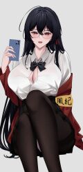 Rule 34 | 1girl, absurdres, ahoge, armband, azur lane, black bow, black bowtie, black pantyhose, black skirt, bow, bowtie, bra visible through clothes, breasts, cellphone, cleavage, collared shirt, crossed bangs, feet out of frame, glasses, grey background, highres, holding, holding phone, huge ahoge, huge breasts, jacket, long hair, long sleeves, miniskirt, nanako94418108, official alternate costume, pantyhose, partially unbuttoned, phone, pleated skirt, red jacket, school uniform, shirt, simple background, skirt, smartphone, solo, taihou (azur lane), taihou (sweet time after school) (azur lane), thighband pantyhose, very long hair, white shirt, yellow armband