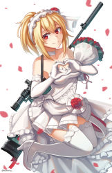 Rule 34 | 1girl, absurdres, blonde hair, blush, bolt action, bouquet, closed mouth, commentary request, dress, elbow gloves, flower, frilled dress, frilled hairband, frills, girls&#039; frontline, gloves, gun, hair flower, hair ornament, hairband, heart, heart hands, high heels, highres, jewelry, name connection, ndtwofives, object namesake, official alternate costume, petals, pleated dress, ponytail, pumps, red eyes, red flower, red rose, rifle, ring, rose, scope, shoes, simple background, smile, sniper rifle, solo, sv-98, sv-98 (girls&#039; frontline), sv-98 (pierce your heart!) (girls&#039; frontline), thighhighs, weapon, weapon on back, wedding band, wedding dress, white background, white footwear, white gloves, white hairband, white thighhighs