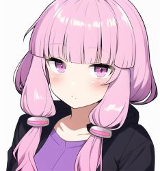 Rule 34 | 1girl, black jacket, blush, closed mouth, collarbone, commentary request, grey background, hood, hood down, hooded jacket, jacket, long hair, looking at viewer, pink hair, purple eyes, purple shirt, shirt, simple background, solo, upper body, vocaloid, voiceroid, yusake san, yuzuki yukari