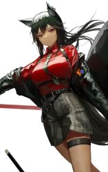 Rule 34 | arknights, belt, belt buckle, black coat, black hair, black shorts, breasts, buckle, closed mouth, coat, collared shirt, dutch angle, ganet p, green necktie, high-waist skirt, highres, large breasts, long hair, long sleeves, looking at viewer, necktie, off shoulder, open clothes, open coat, orange eyes, outstretched arm, pantyhose, red shirt, shirt, shorts, skirt, speech bubble, striped clothes, striped necktie, striped shorts, tail, texas (arknights), texas (willpower) (arknights), thigh strap, underbust, vertical-striped clothes, vertical-striped shorts, walking, wolf girl, wolf tail