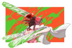 Rule 34 | 1girl, apron, blood, bow, chainsaw, chainsaw man, closed mouth, collared shirt, cookie (touhou), denji (chainsaw man), detached sleeves, frilled bow, frilled shirt collar, frills, green blood, hair bow, hakurei reimu, long tongue, necktie, orange background, pink apron, profile, red bow, red shirt, rurima (cookie), sharp teeth, shirt, sleeveless, sleeveless shirt, solo, teeth, tongue, touhou, toukayou, upper body, white background, white sleeves, yellow necktie