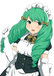 Rule 34 | 1girl, bow, elbow gloves, fire emblem, fire emblem: three houses, flayn (fire emblem), gloves, green eyes, green hair, hair bow, kuhuku006f86, long hair, maid, maid headdress, nintendo, open mouth, short sleeves, simple background, solo, upper body, white background, white gloves