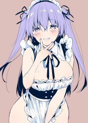 Rule 34 | 1girl, absurdres, apron, between legs, black ribbon, blush, breasts, cleavage, cowboy shot, grin, hair between eyes, hand between legs, highres, large breasts, long hair, looking at viewer, maid, maid apron, maid headdress, mole, mole on breast, neck ribbon, original, purple background, purple eyes, purple hair, ribbon, simple background, sleeveless, smile, solo, thighs, twintails, twitter username, v, v over mouth, yu yu