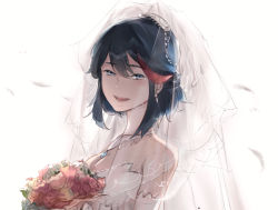 Rule 34 | 10s, 1girl, bare shoulders, black hair, blue eyes, bouquet, breasts, bridal veil, bride, cleavage, crying, dress, feathers, flower, galanyu, streaked hair, jewelry, kill la kill, looking at viewer, matoi ryuuko, multicolored hair, pendant, red hair, red rose, rose, short hair, solo, spoilers, strapless, strapless dress, tears, two-tone hair, veil, wedding dress, white dress