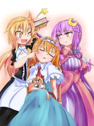 Rule 34 | 3girls, :d, alice margatroid, annoyed, ascot, blonde hair, blush, book, braid, breasts, capelet, chair, cleavage, cleavage cutout, clothing cutout, crescent, crescent hair ornament, dress, fang, hair ornament, hairband, highres, hitting, kirisame marisa, kokoperiiche, large breasts, lolita hairband, long hair, multiple girls, no headwear, nukoimo, one eye closed, open mouth, patchouli knowledge, poking, raised eyebrow, shanghai doll, short hair, single braid, sleeping, sleeping upright, smile, striped clothes, striped dress, touhou, very long hair