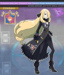 Rule 34 | 1girl, black coat, blonde hair, boots, breasts, character name, clenched hand, coat, copyright name, creatures (company), cynthia (pokemon), dreambig, eyelashes, full body, fur-trimmed coat, fur collar, fur trim, game freak, gloves, grey eyes, hair ornament, hair over one eye, hand on own hip, high heel boots, high heels, highres, long hair, nintendo, pants, pinstripe pants, pinstripe pattern, pokemon, pokemon bdsp, shoes, smile, solo, standing, striped, twitter username, very long hair, watermark