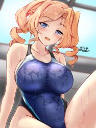 Rule 34 | 1girl, black one-piece swimsuit, blonde hair, blue eyes, blue one-piece swimsuit, breasts, collarbone, competition swimsuit, covered navel, dated, day, drill hair, highleg, highleg swimsuit, highres, honolulu (kancolle), impossible clothes, impossible swimsuit, indoors, kantai collection, large breasts, long hair, looking at viewer, montemasa, multicolored clothes, multicolored swimsuit, one-piece swimsuit, open mouth, rei no pool, solo, swimsuit, twin drills, twintails, twitter username, two-tone swimsuit, wet, wet clothes, wet swimsuit, window