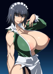 Rule 34 | 10s, 1girl, black background, black hair, blue background, bnc (bunshi), breasts, erenoa sharetto, gradient background, highres, huge breasts, looking at viewer, muscular, muscular female, nipples, rokudenashi majutsu koushi to akashic record, shaded face, solo, torn clothes