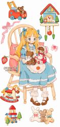 Rule 34 | 1girl, ankle cuffs, apron, back bow, belt buckle, blonde hair, blue bow, blue dress, blue eyes, blunt bangs, blush stickers, bonnet, bow, bow legwear, bowtie, brown eyes, brown footwear, brown hair, buckle, center frills, chair, clock, closed mouth, collared dress, commentary, commission, cuckoo clock, curly hair, doll, dress, english commentary, eyelashes, food, frilled apron, frilled sleeves, frills, frown, fruit, full body, hair bow, hat, hat bow, heart, highres, holding, holding doll, holding stuffed toy, lace, lace-trimmed collar, lace-trimmed dress, lace-trimmed headwear, lace trim, long hair, mary janes, medium dress, medium hair, nail polish, orange print, original, pillow, pink bow, pink bowtie, pink dress, pink footwear, pink nails, pink ribbon, pom pom (clothes), puffy short sleeves, puffy sleeves, putong xiao gou, red bow, red lips, ribbon, rocking horse, sample watermark, sheep, shoes, short sleeves, sidelocks, sitting, socks, solo, straight hair, strawberry, stuffed animal, stuffed rabbit, stuffed toy, teddy bear, toy block, turtleneck, turtleneck dress, very long hair, vest, waist apron, watermark, weibo watermark, white apron, white background, white bow, white bowtie, white hat, white ribbon, white socks, white vest