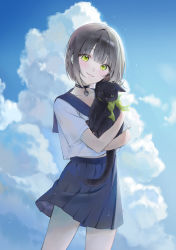 Rule 34 | 1girl, animal, bad id, bad twitter id, bell, black cat, black choker, blue sailor collar, blue skirt, blush, bow, cat, choker, closed mouth, cloud, cloudy sky, cowboy shot, day, green bow, green eyes, highres, holding, holding animal, holding cat, jingle bell, looking at viewer, neck bell, original, pleated skirt, sailor collar, shirt, short hair, short sleeves, silver hair, skirt, sky, smile, solo, standing, uda1224, white shirt